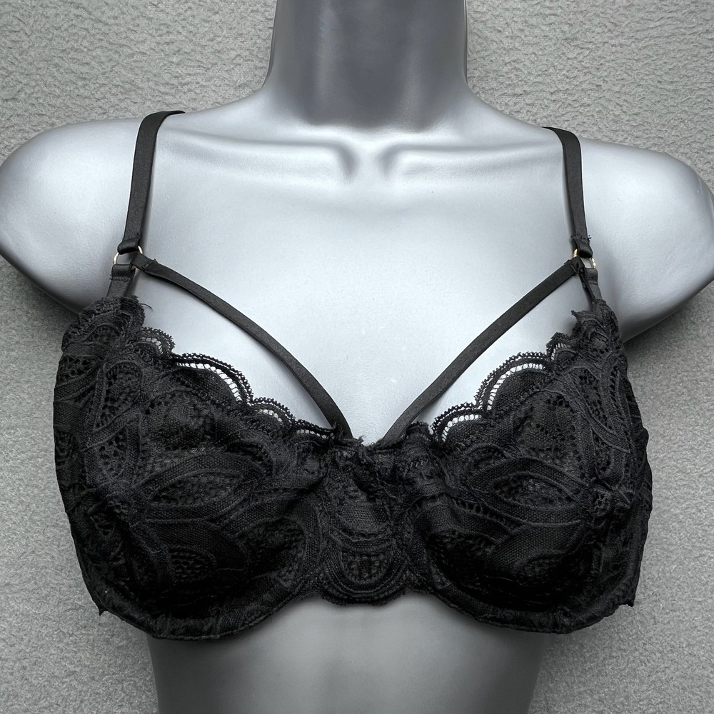Aerie Women Bra Black Lace Strappy Unlined Underwire 32DD romantic Gothic